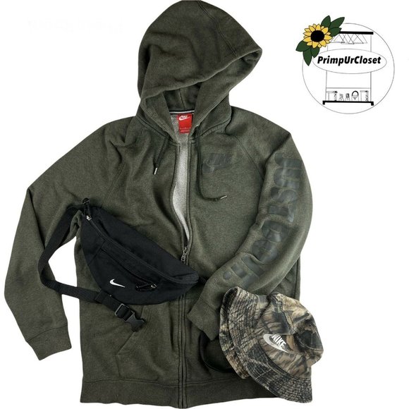 Nike Sportswear Full Zip Hoodie Sweatshirt Green Arm Spell Out Hoodie Mens Mediu - Picture 1 of 12